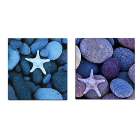 Cuadros para la decoración de tu cuarto de baño. Tonos azules, piedras redondas, estrellas de mar