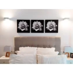 Ejemplo: Decoración dormitorio con tres cuadros iguales de la rosa en blanco y negro realizada por ADA