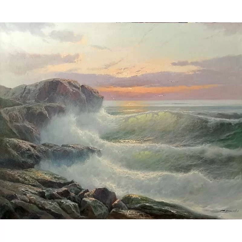 Cuadro al óleo paisaje olas marinas pintado a mano sobre lienzo