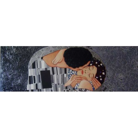 Cuadro moderno figurativo "el beso" horizontal alargado pintado a mano negro y plata